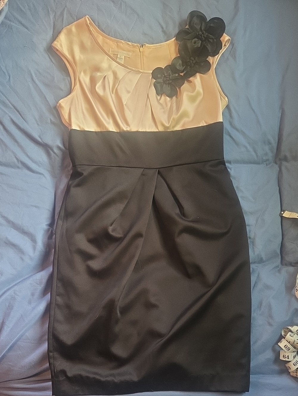 London Times Black and Ivory Satin-Top Midi Sheath Dress Size 12